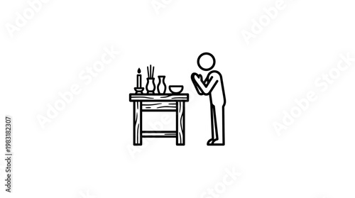 Minimalist Line Art of a Person Praying at an Altar