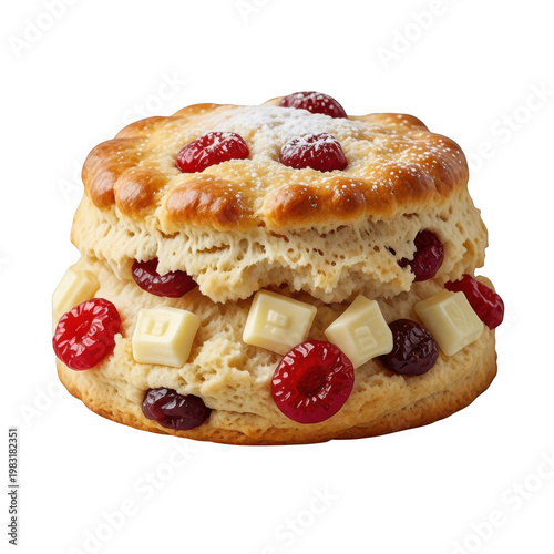 Stack of three freshly baked blueberry scones with crumbly tops and visible berries isolated on transparent background