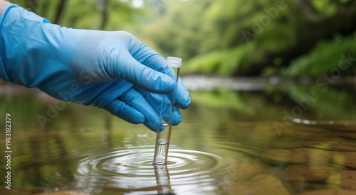 Hand in blue glove collecting water sample from river or lake for testing or analysis in nature