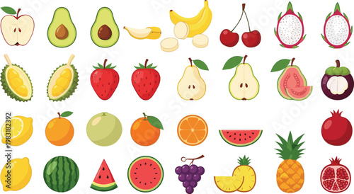 Fresh fruit vector set with sliced and whole tropical fruits including apple banana watermelon pineapple and berries illustration