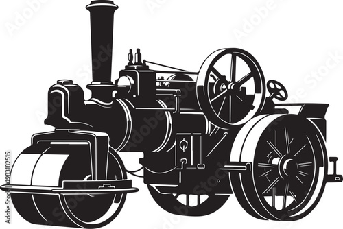 Vintage steam roller, industrial steamroller, black and white vector, construction equipment icon