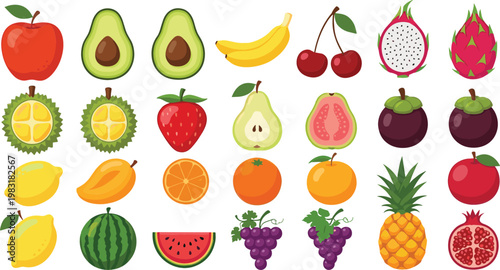Fresh tropical fruits vector set with apple avocado banana pineapple watermelon grapes and exotic fruit illustration collection