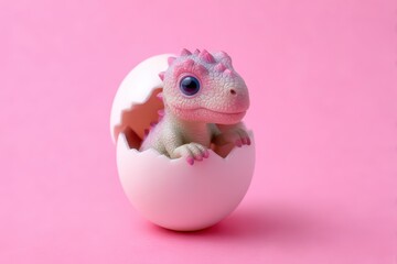 Baby Dinosaur Hatching from Cracked White Egg Figurine with Green Pink Skin on Pink Background
