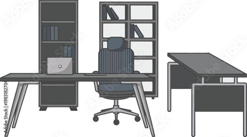 Modern office furniture arrangement with desk chair and bookshelves in minimalist vector style