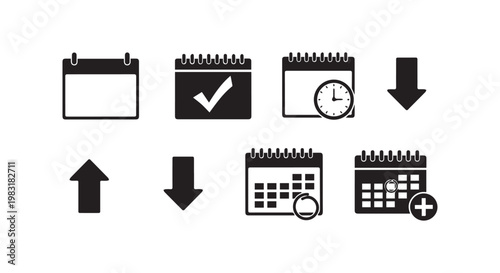 Set of calendar icons, calendar icon with check mark, calendar with clock and arrow signs, calendar add icon.