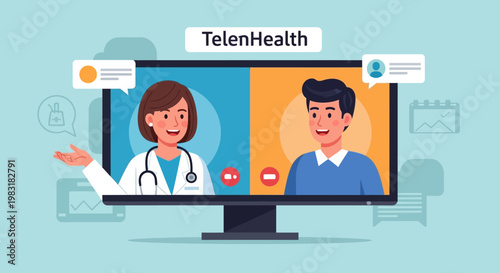 Professional medical consultation via virtual video call, connecting a female doctor and male patient for remote healthcare services and modern digital wellness support