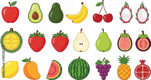 Tropical fruits vector set with apple banana mango watermelon pineapple grapes and exotic fruit illustration collection