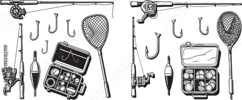 Collection of black and white fishing equipment icons and illustrations with fishing rod fishing reel fishing hook fishing float fishing net