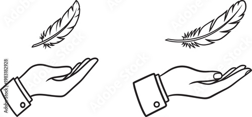 Line art illustration of a hand holding a delicate feather with cupped hand open palm illustration delicate lightness minimalist graceful