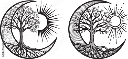 Vector illustration of trees of life within crescent moons with sun and rays tree of life crescent moon yin yang branches celestial astrology
