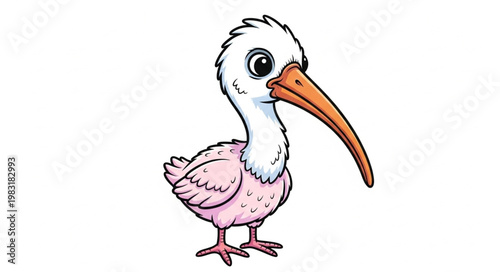 Cartoon baby ibis bird with long beak and pink feathers.