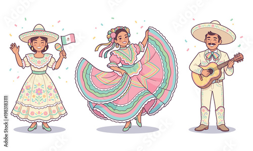 Vibrant Mexican Folk Dancers and Musician Celebrating Fiesta