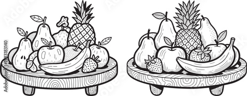 Hand drawn ink sketch illustrations of fruit platters with illustration pineapple strawberry nutrition vegetarian