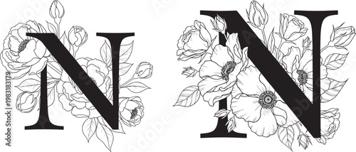 Two letter n monogram with floral accents illustration letter n black and white hand drawn letter n monogram alphabet botanical decorative