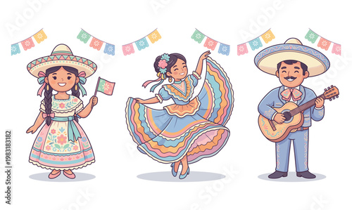 Joyful Mexican Folk Dancers and Musician Celebrating with Colorful Decorations