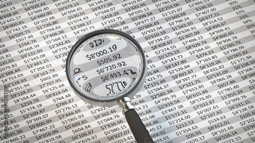 Magnifying Glass Over Financial Data Spreadsheet 3D rendering