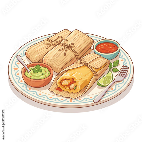 Delicious Corn Husk Wrapped Savory Food Parcels with Guacamole and Salsa Dip