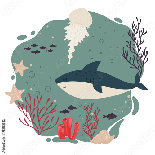 ocean life illustration with cute shark