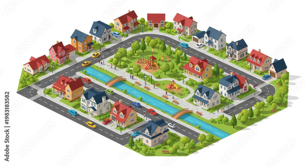 Obraz premium Charming suburban neighborhood with houses and a river.