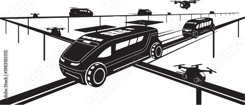 Futuristic transportation, self-driving cars, monorail, vector illustration, black and white