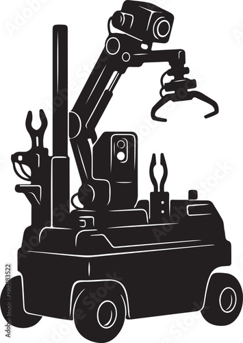 Industrial robotic arm, mechanical claw, black silhouette, vector illustration, factory automation, robotics