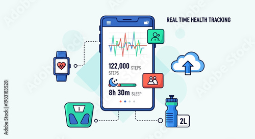 Real-time health tracking with smart devices and mobile app showcasing fitness data and cloud synchronization