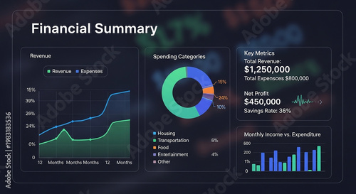 Financial Summary Dashboard Revenue, Spending, and Key Metrics Overview