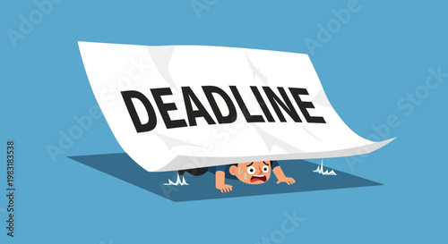 Overwhelmed Employee Crushed Underneath a Gigantic Paper Bearing the Word 'DEADLINE' Symbolizing Pressure and Stress