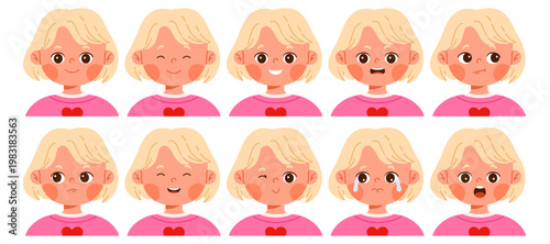 Set of cute blond girl character with different facial expressions. Child avatar with various emotions as happy, sad, surprised, angry, confused and smiling. Isolated vector illustration