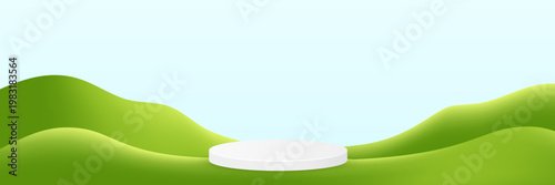 Vibrant grass meadow scene featuring elegant podium stage, 3D rendered green landscape with mountains, ideal for nature-inspired design and seasonal campaigns.