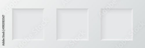 3d wall niche. Empty white square shelf. Inside frame. Display stand, showcase mockup. Showroom, gallery, studio or shop product presentation. Realistic vector illustrations set.