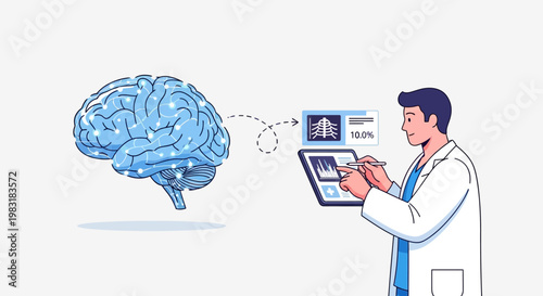 Doctor analyzing brain scan with holographic medical data on digital tablet, illustrating neuroscience technology and healthcare innovation