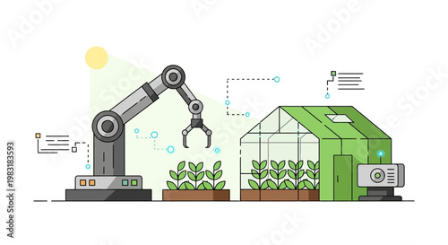 Automated Farming Greenhouse Robotic Arm Cultivating Plants with Smart Technology
