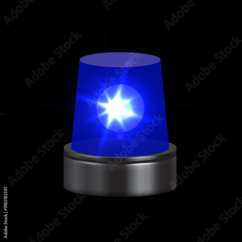 Blue emergency siren with rotating beacon light creates urgent alert signal for police, ambulance, and fire safety response vehicles in 3D illustration.