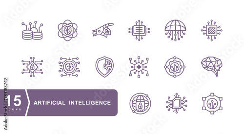 15 AI (artificial intelligence) icon set. Data science technology.