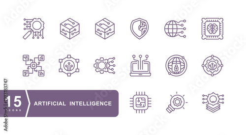 15 AI (artificial intelligence) icon set. Data science technology.