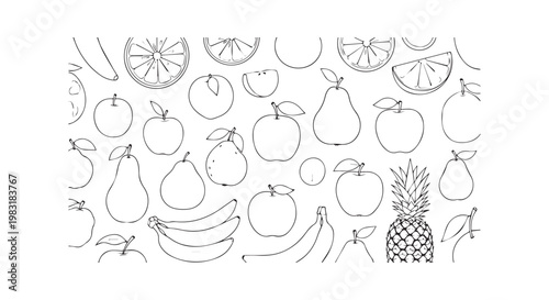 Seamless pattern with various hand drawn fruit sketches including pineapple apple pear and citrus slices on white surface.