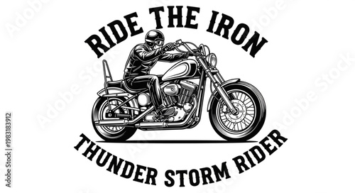 Biker riding a custom motorcycle with text.