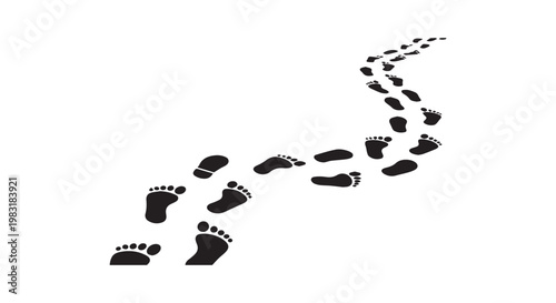 Winding path of human footprints in black silhouette forming trail on white background showing movement and walking route.