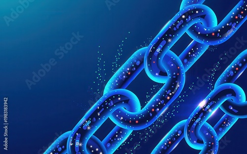 Glowing blue chain with sparkling particles on dark blue background