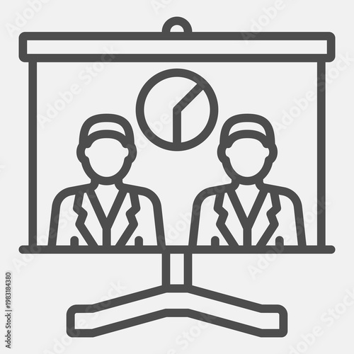 Two voters and pie chart on stand line icon, democracy day concept. Vector graphics. Whiteboard with lecturers sign with outline style icon for mobile or web design.