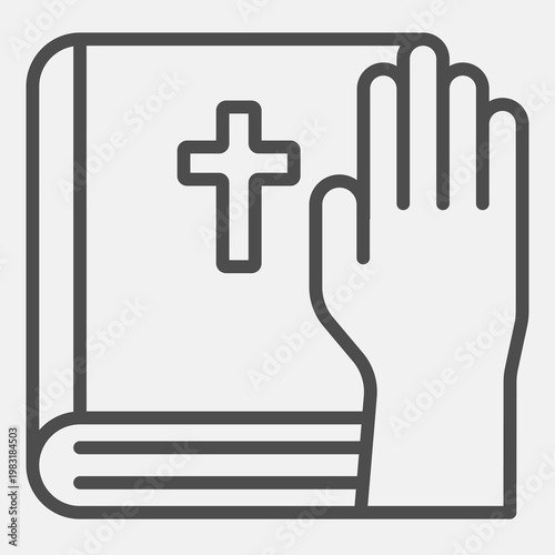 Hand on the Bible line icon, oath concept. Vector graphics. Religion book sign with outline style icon for mobile or web design.