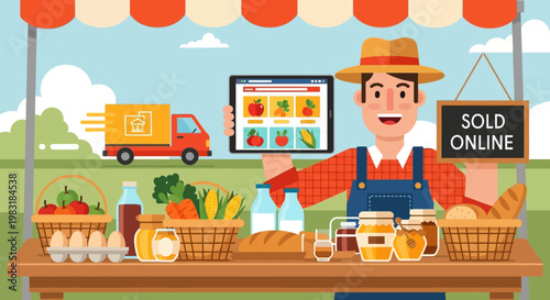 Farmer Selling Fresh Produce Online with Delivery Truck and Market Stall