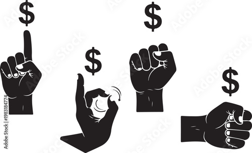 Black and white of fists with dollar signs hands money