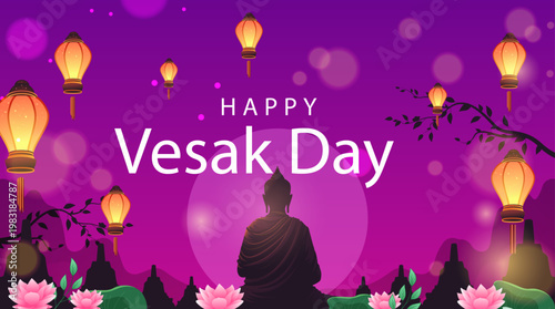 Happy Vesak Day Poster with Buddha Silhouette, Lotus Flowers, Lantern Lights, and Purple Spiritual Background