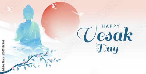 Happy Vesak Day Poster with Buddha Statue, Red Sun Background, and Minimalist Floral Branch Design