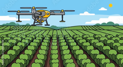 Agricultural drone spraying crops in a field, illustrating smart farming technology and precision agriculture