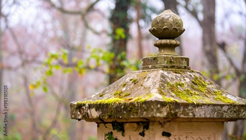 Ancient Stone Finial Covered in Green Moss in a Blurry Garden
