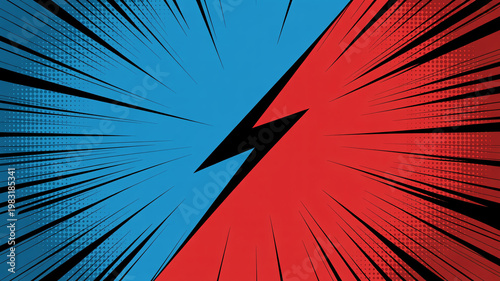 A dynamic comic book style illustration of a black lightning bolt striking between red and blue backgrounds