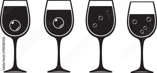 Four wine glasses with varying amounts of bubbles black and white